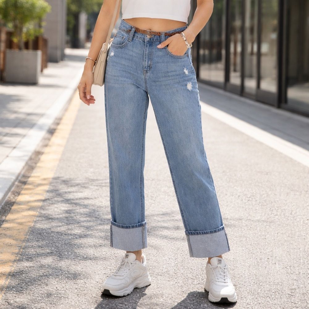 Trendy Vibes: Rewash 100% Cotton High-Rise Jean Cuff Wide Leg Light Wash